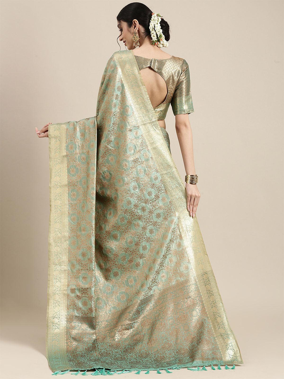 Women's Silk Blend Sea Green Woven Design Woven saree With Blouse Piece - Odette