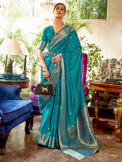 Women's Silk Blend Teal blue Woven Design Handloom Saree With Blouse Piece - Odette