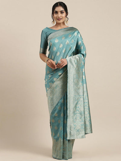 Women's Silk Blend Teal blue Woven Design Woven saree With Blouse Piece - Odette