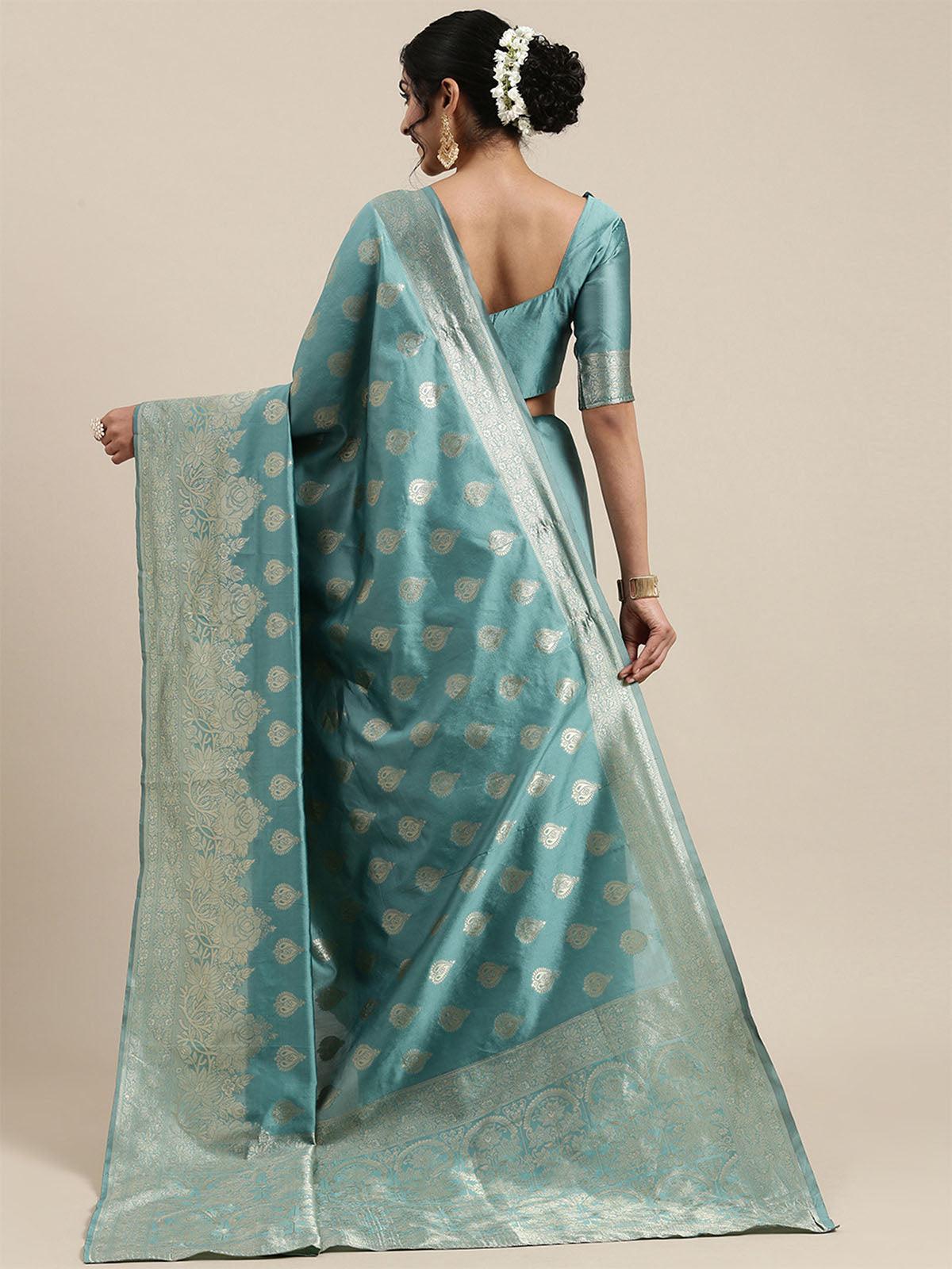Women's Silk Blend Teal blue Woven Design Woven saree With Blouse Piece - Odette