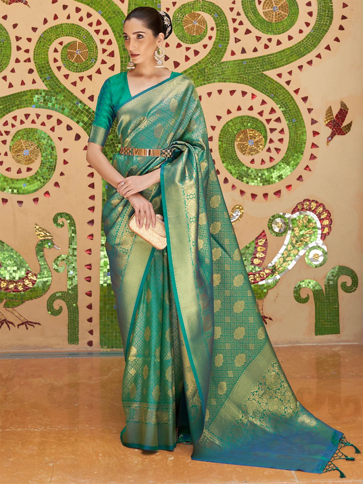 Women's Silk Blend Teal green Woven Design Handloom Saree With Blouse Piece - Odette