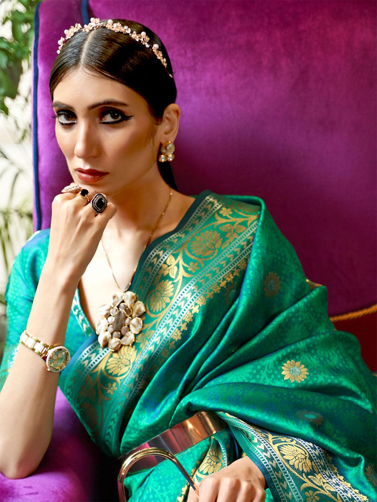 Women's Silk Blend Teal green Woven Design Handloom Saree With Blouse Piece - Odette