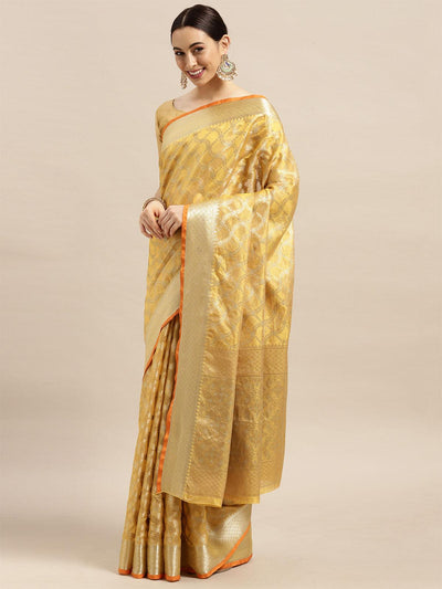Women's Silk Blend Yellow Woven Design Designer Saree With Blouse Piece - Odette