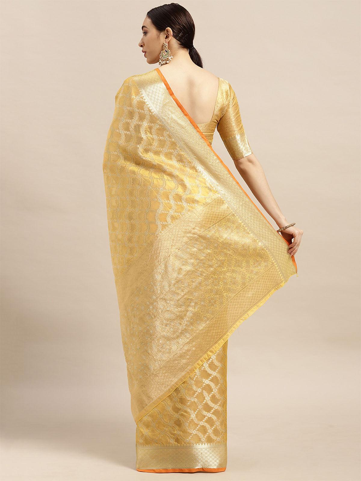 Women's Silk Blend Yellow Woven Design Designer Saree With Blouse Piece - Odette
