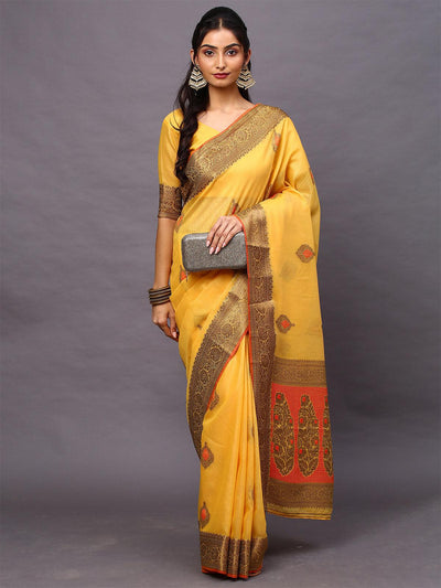 Women's Silk Blend Yellow Woven Design Woven saree With Blouse Piece - Odette