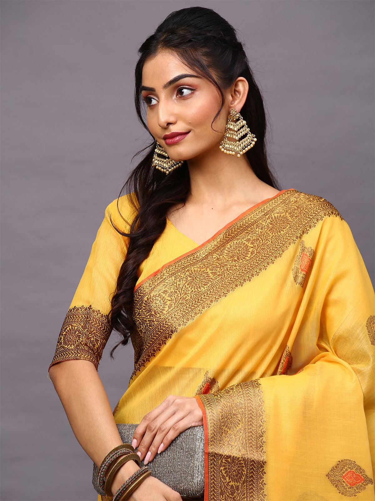 Women's Silk Blend Yellow Woven Design Woven saree With Blouse Piece - Odette