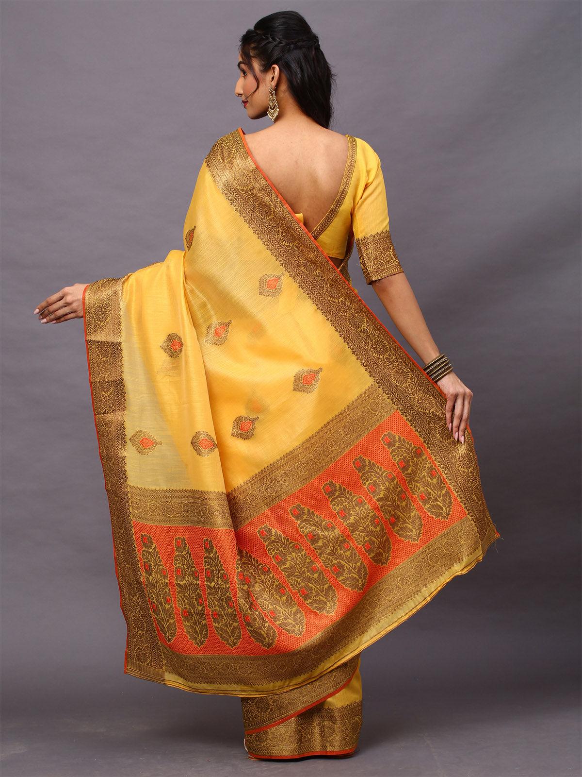 Women's Silk Blend Yellow Woven Design Woven saree With Blouse Piece - Odette