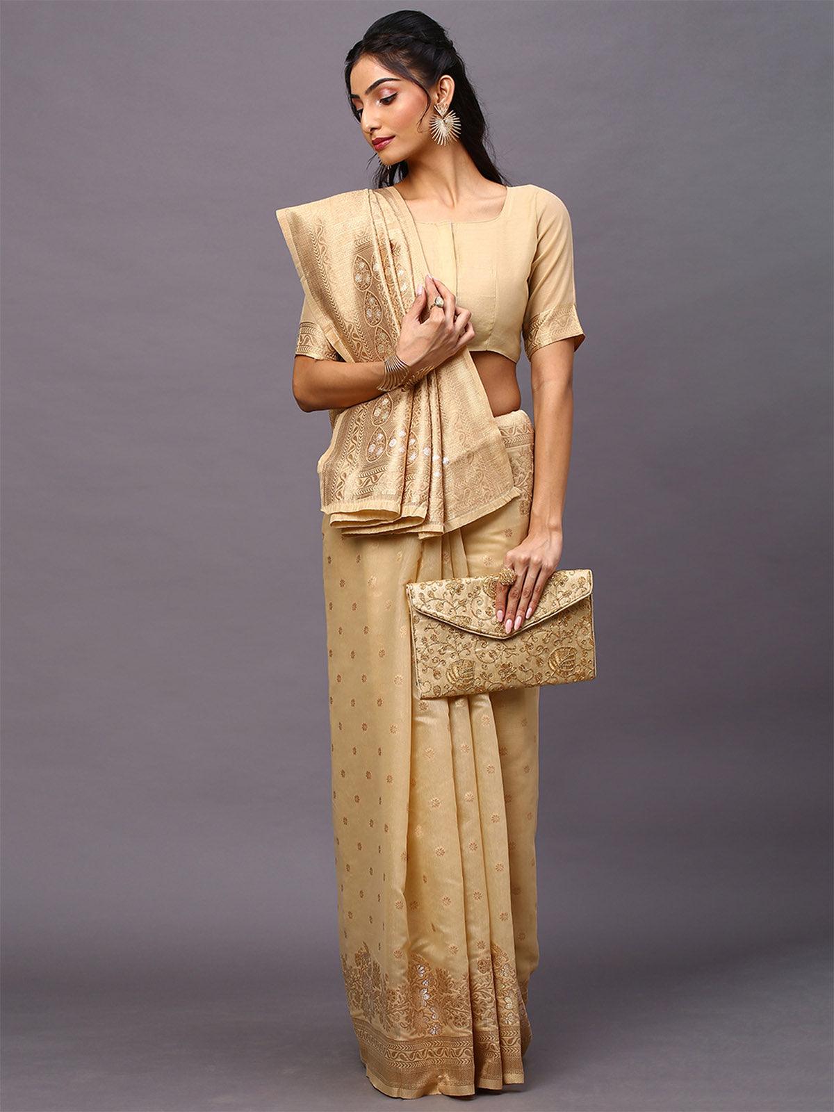 Women's Silk Cotton Cream Woven Design Woven saree With Blouse Piece - Odette