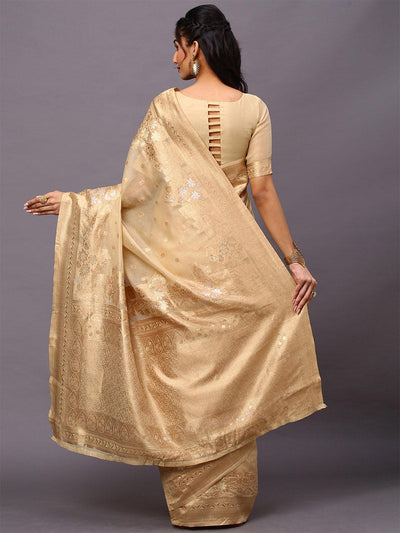 Women's Silk Cotton Cream Woven Design Woven saree With Blouse Piece - Odette