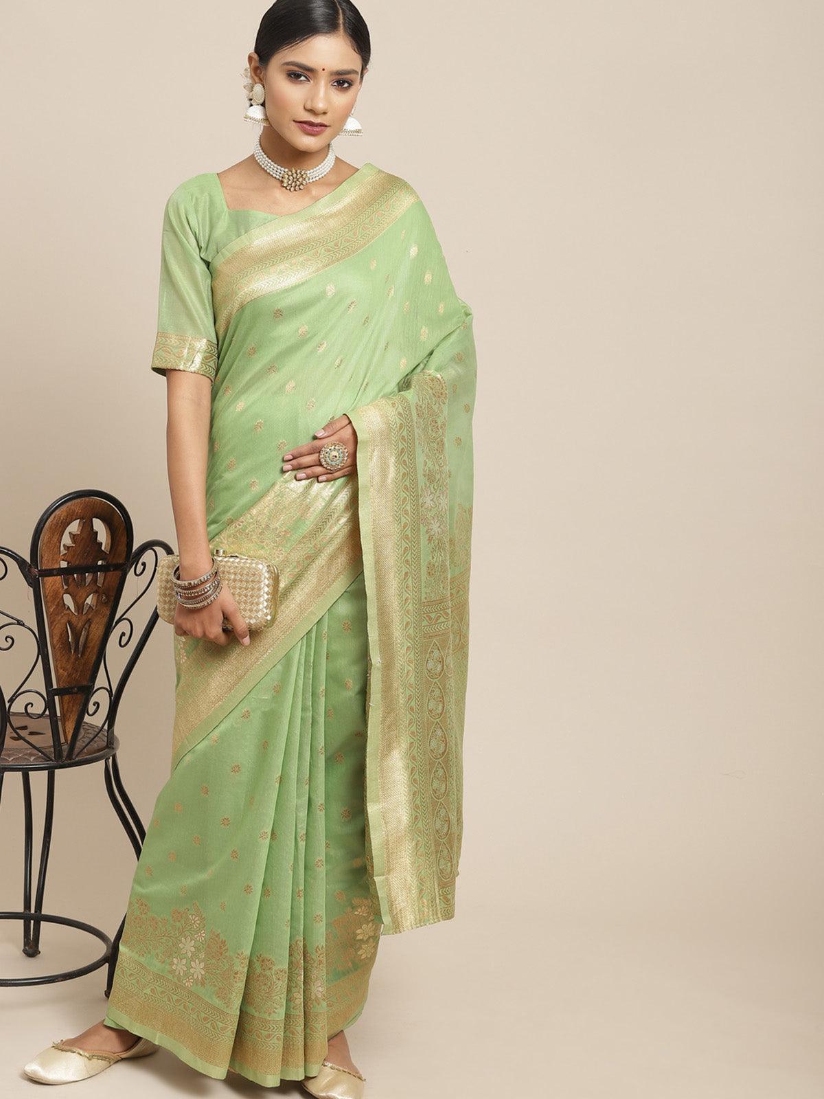 Women's Silk Cotton Green Woven Design Woven saree With Blouse Piece - Odette