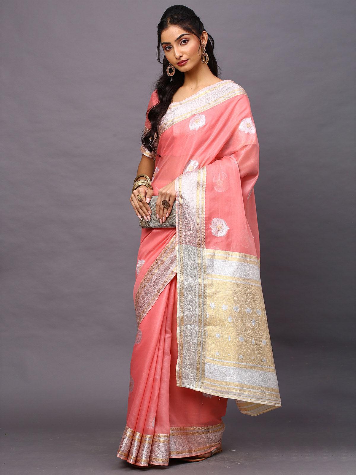 Women's Silk Cotton Pink Woven Design Woven saree With Blouse Piece - Odette