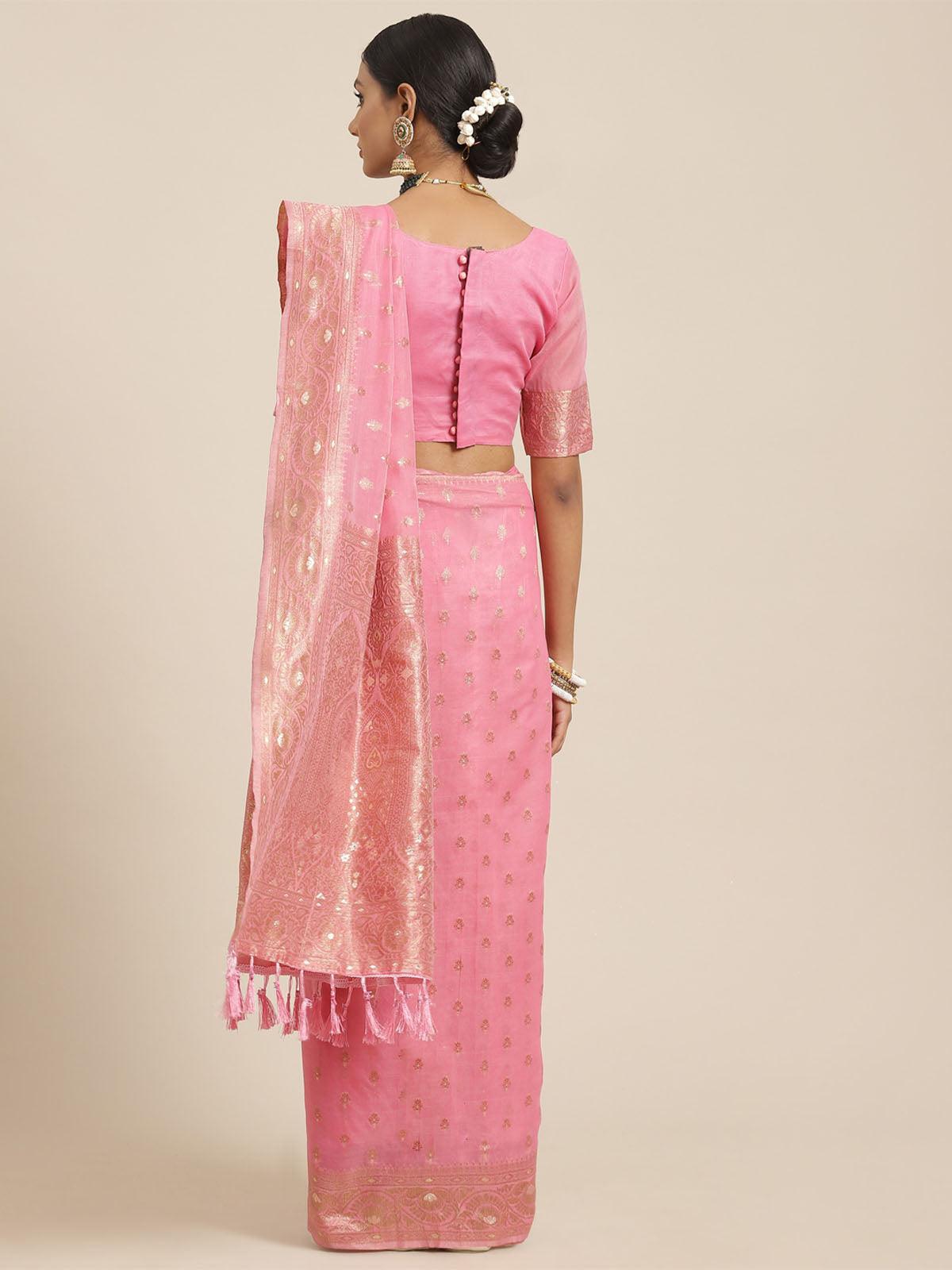 Women's Silk Cotton Pink Woven Design Woven saree With Blouse Piece - Odette