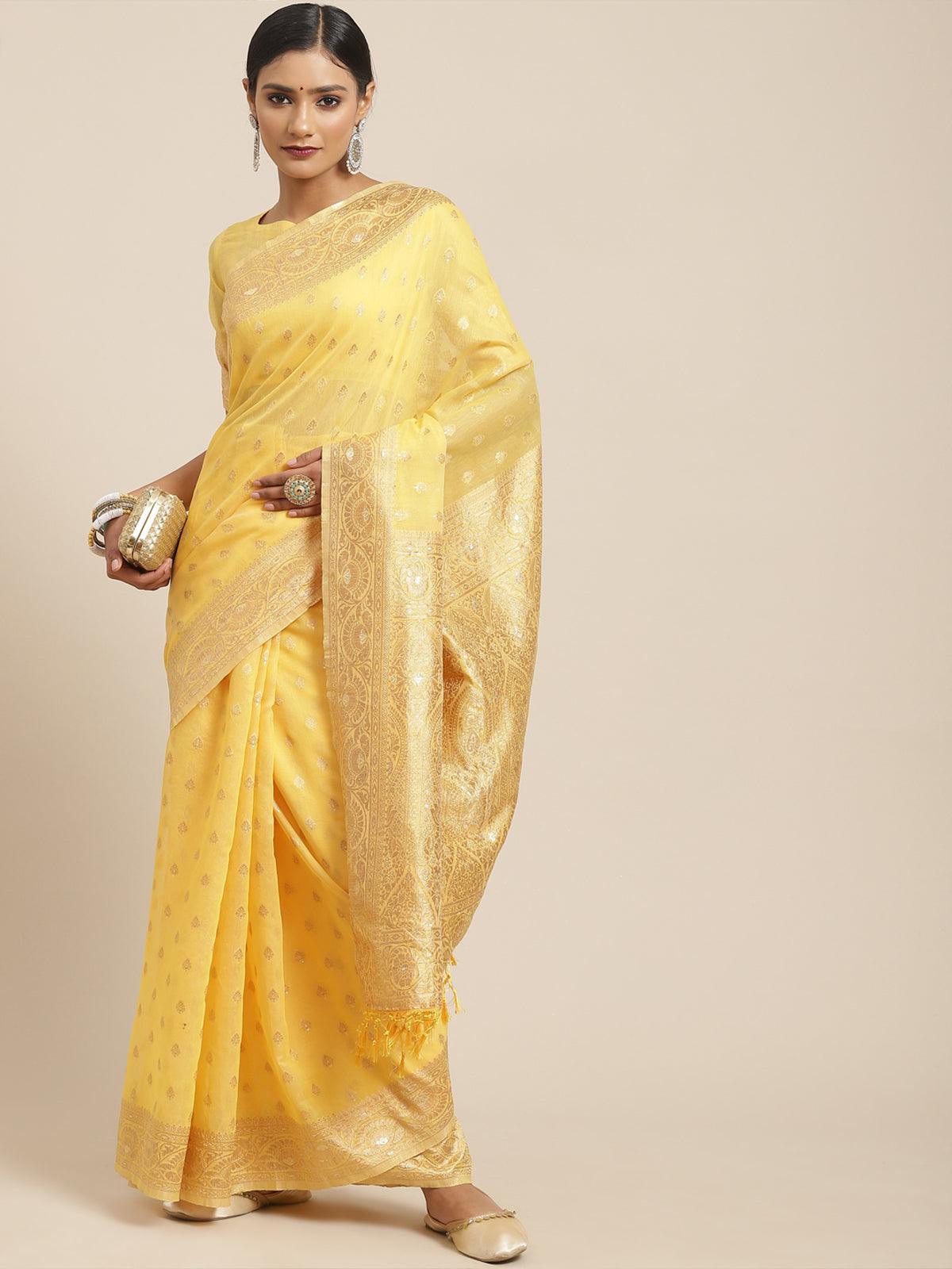 Women's Silk Cotton Yellow Woven Design Woven saree With Blouse Piece - Odette