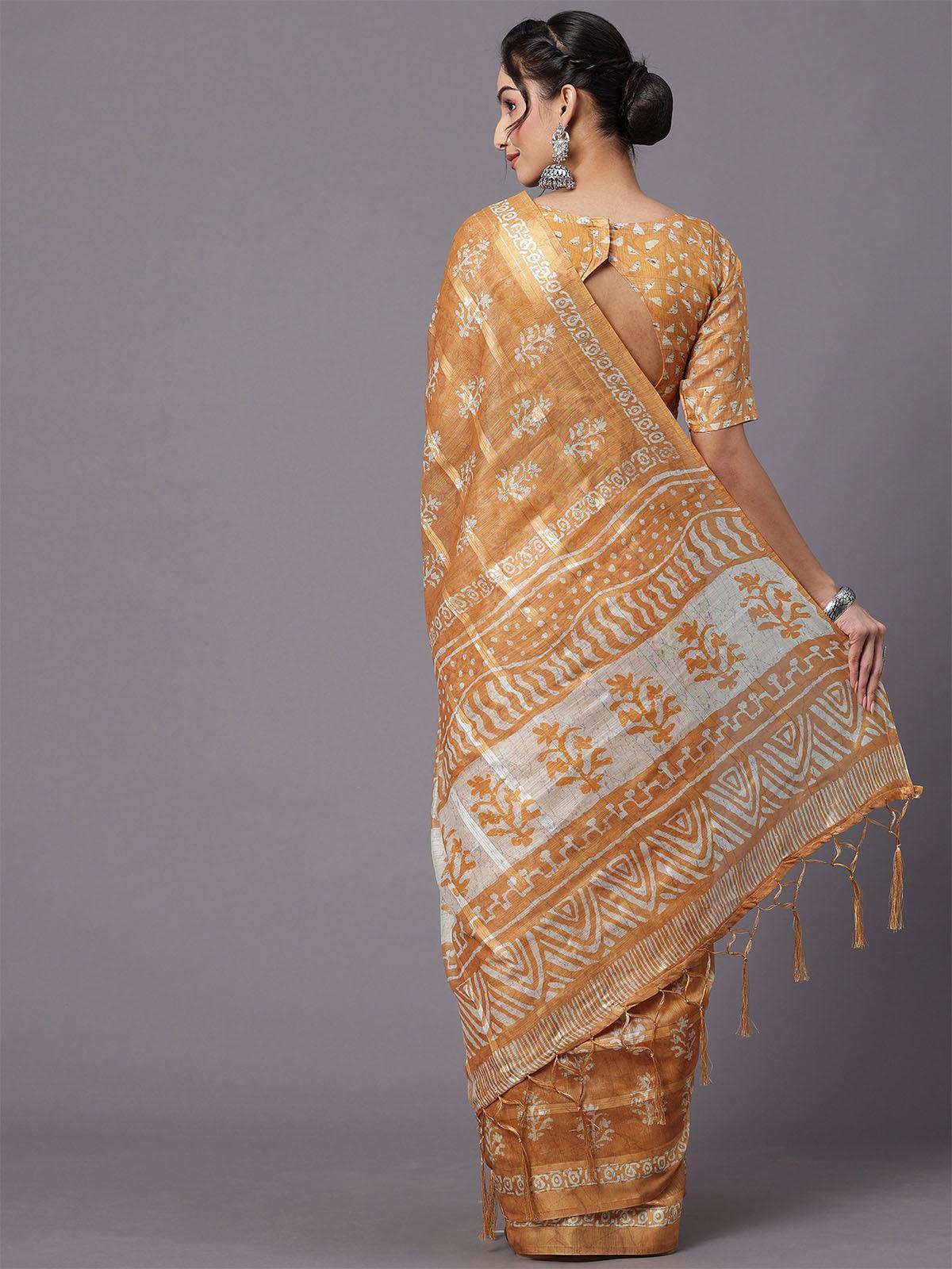 Women's Soft Silk Beige Printed Designer Saree With Blouse Piece - Odette