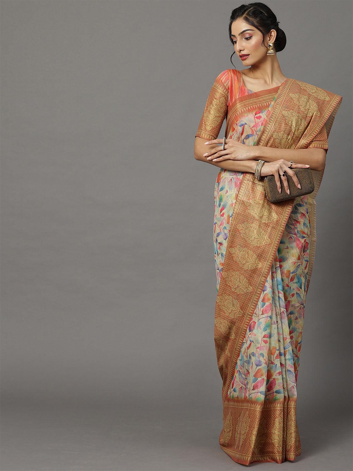 Women's Soft Silk Cream Printed Designer Saree With Blouse Piece - Odette