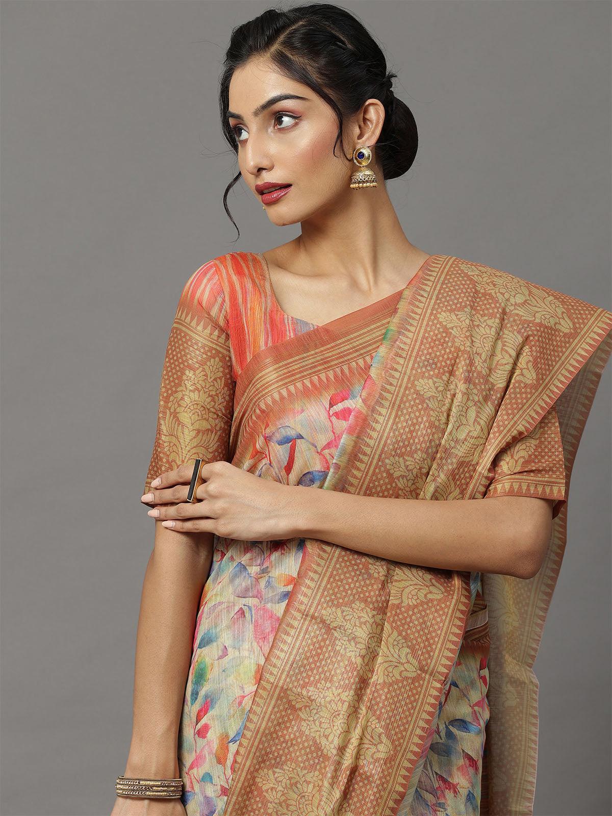 Women's Soft Silk Cream Printed Designer Saree With Blouse Piece - Odette