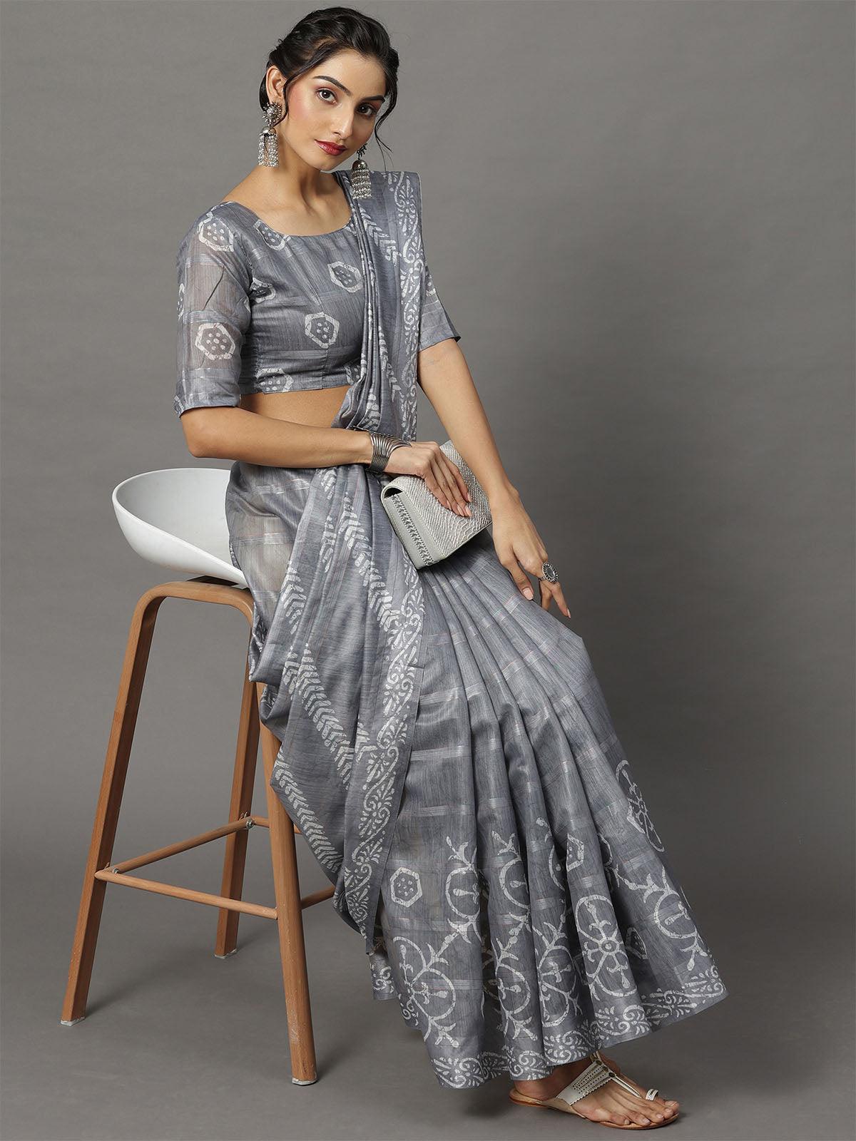 Women's Soft Silk Grey Printed Designer Saree With Blouse Piece - Odette