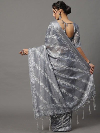 Women's Soft Silk Grey Printed Designer Saree With Blouse Piece - Odette