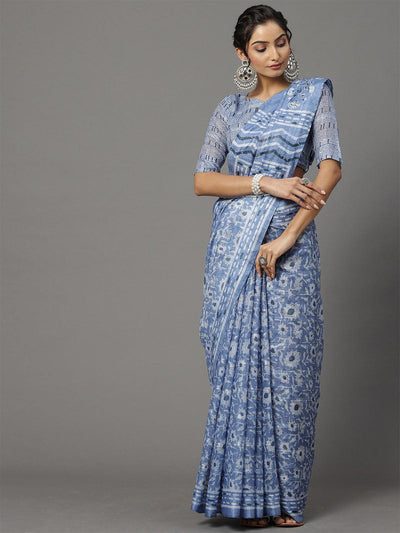 Women's Soft Silk Light Blue Printed Designer Saree With Blouse Piece - Odette