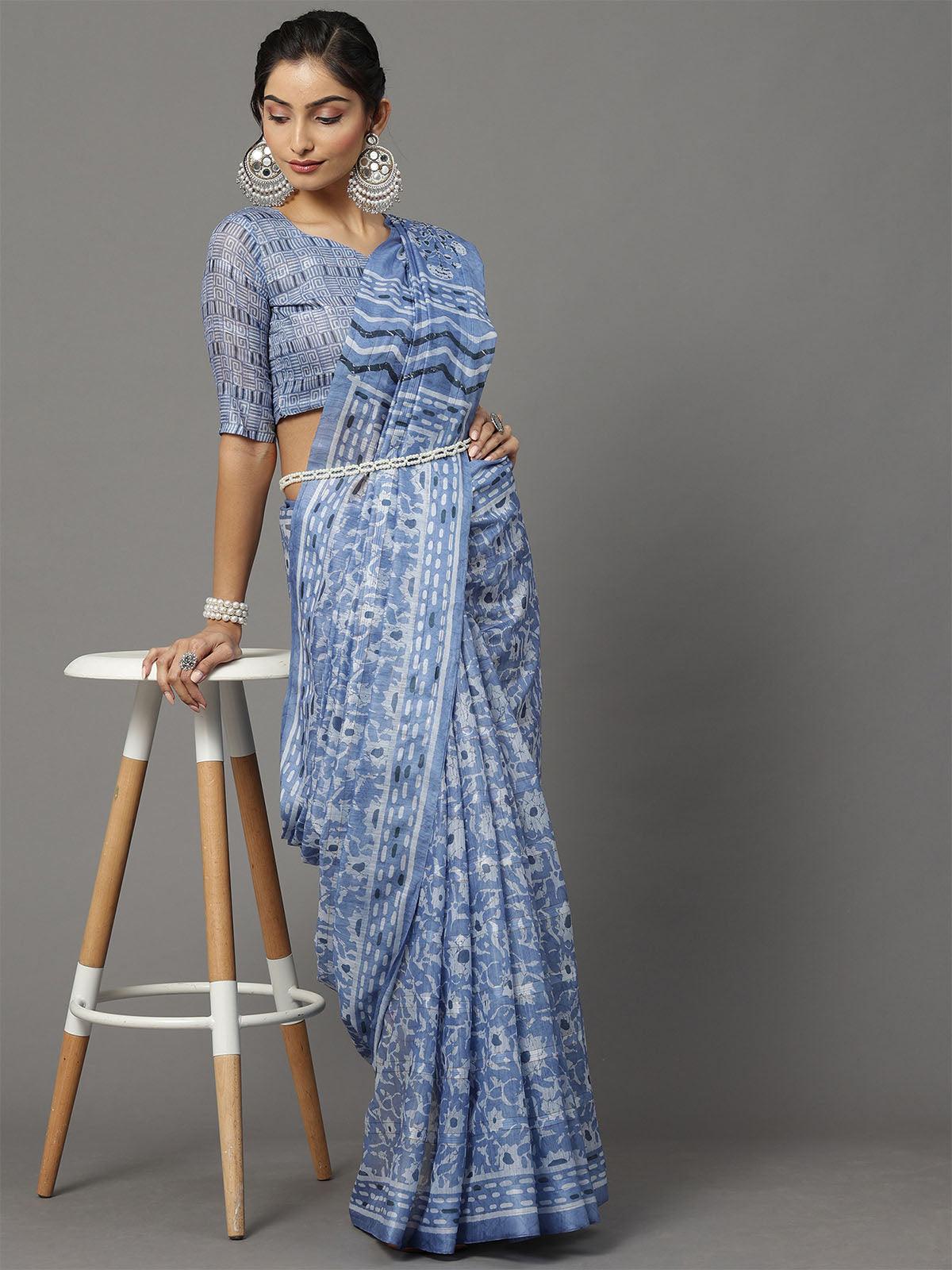 Women's Soft Silk Light Blue Printed Designer Saree With Blouse Piece - Odette