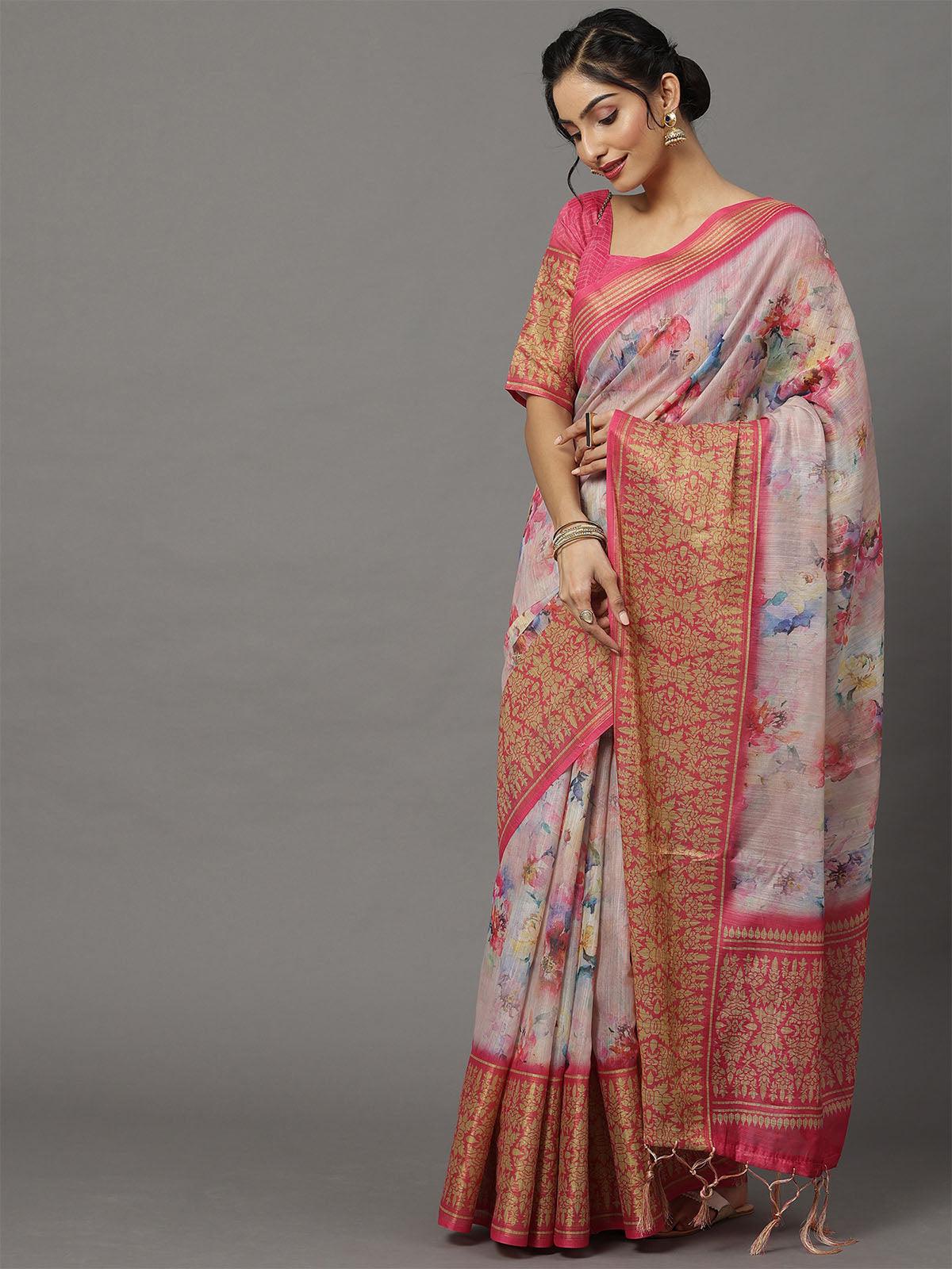 Women's Soft Silk Mauve Printed Designer Saree With Blouse Piece - Odette