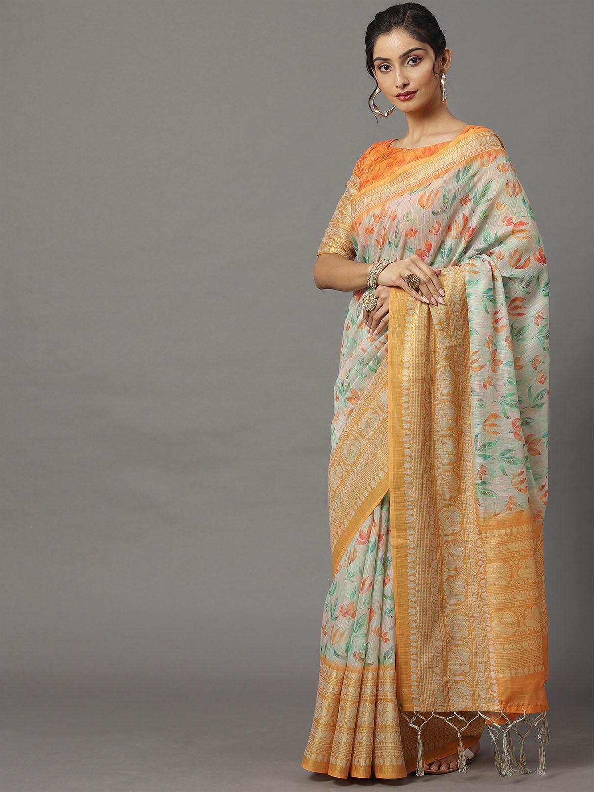 Women's Soft Silk Off White Printed Designer Saree With Blouse Piece - Odette