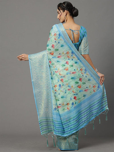 Women's Soft Silk Sea Green Printed Designer Saree With Blouse Piece - Odette