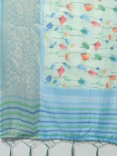 Women's Soft Silk Sea Green Printed Designer Saree With Blouse Piece - Odette
