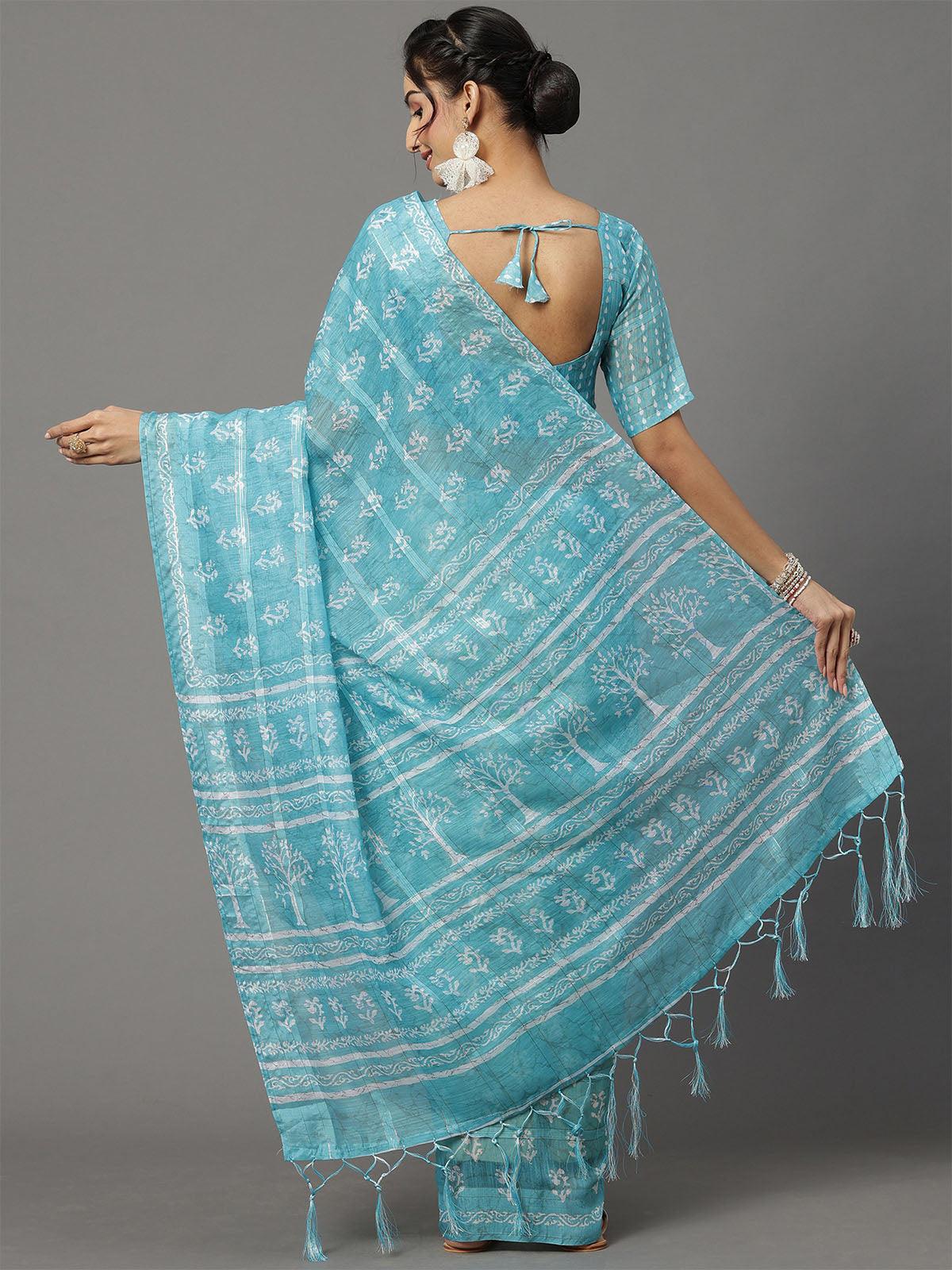 Women's Soft Silk Turquoise Printed Designer Saree With Blouse Piece - Odette