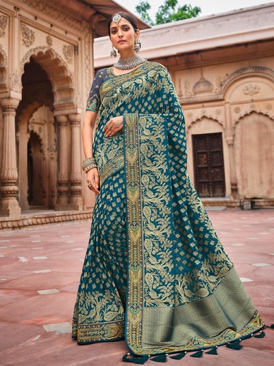 Women's Teal blue Semi Dolla Saree With Blouse Piece - Odette