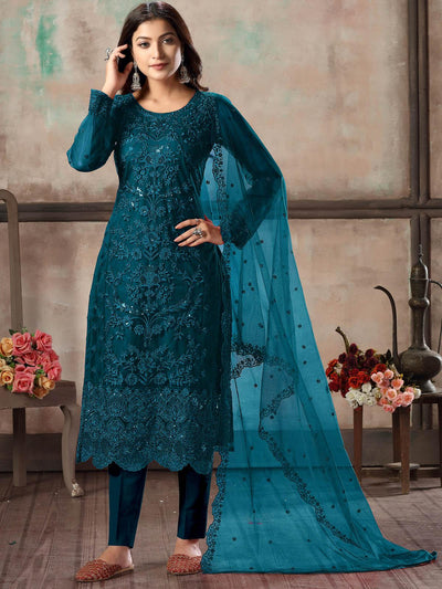 Women's Teal Net Semi Stitched Salwar Suit - Odette