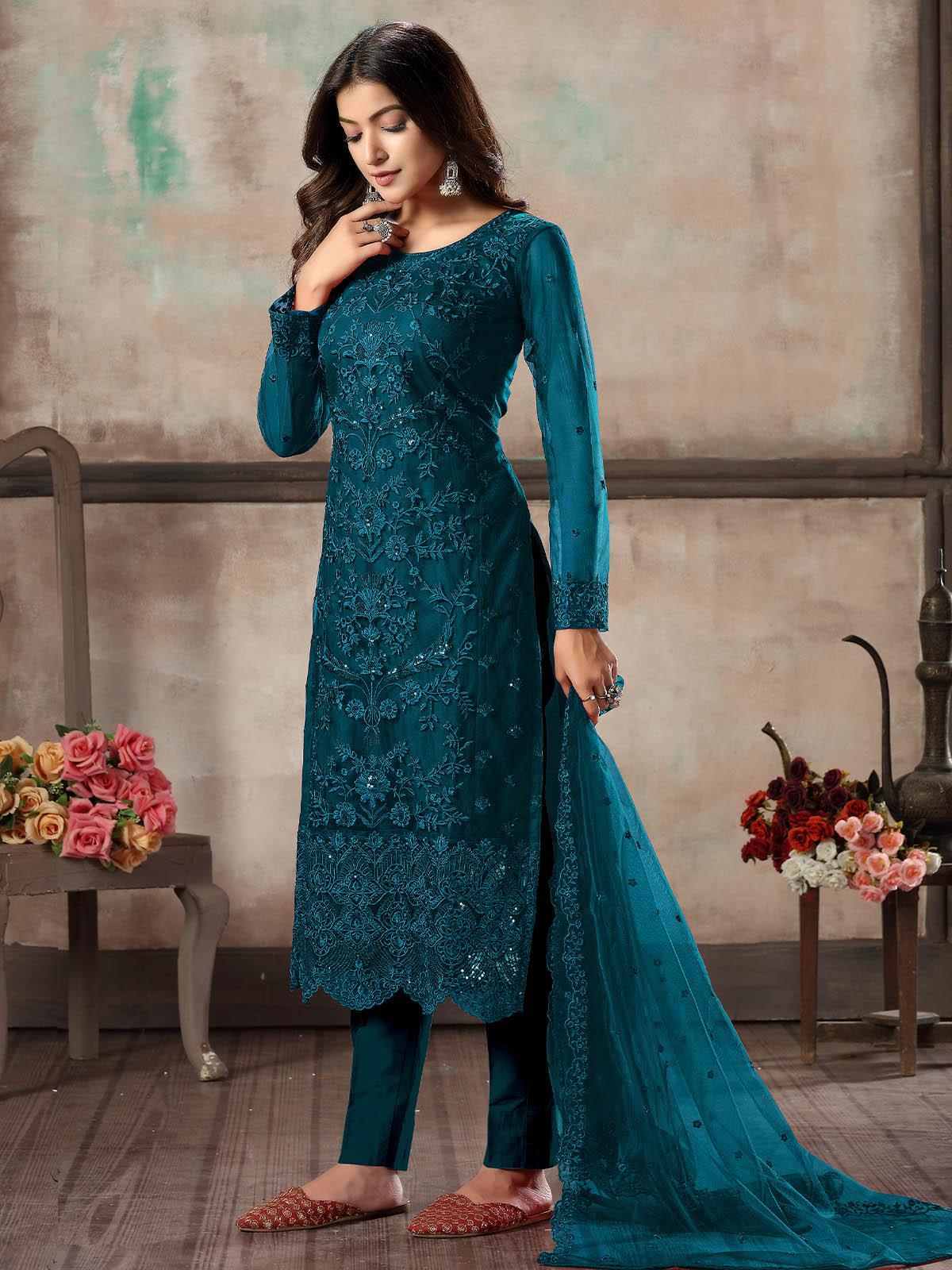 Women's Teal Net Semi Stitched Salwar Suit - Odette