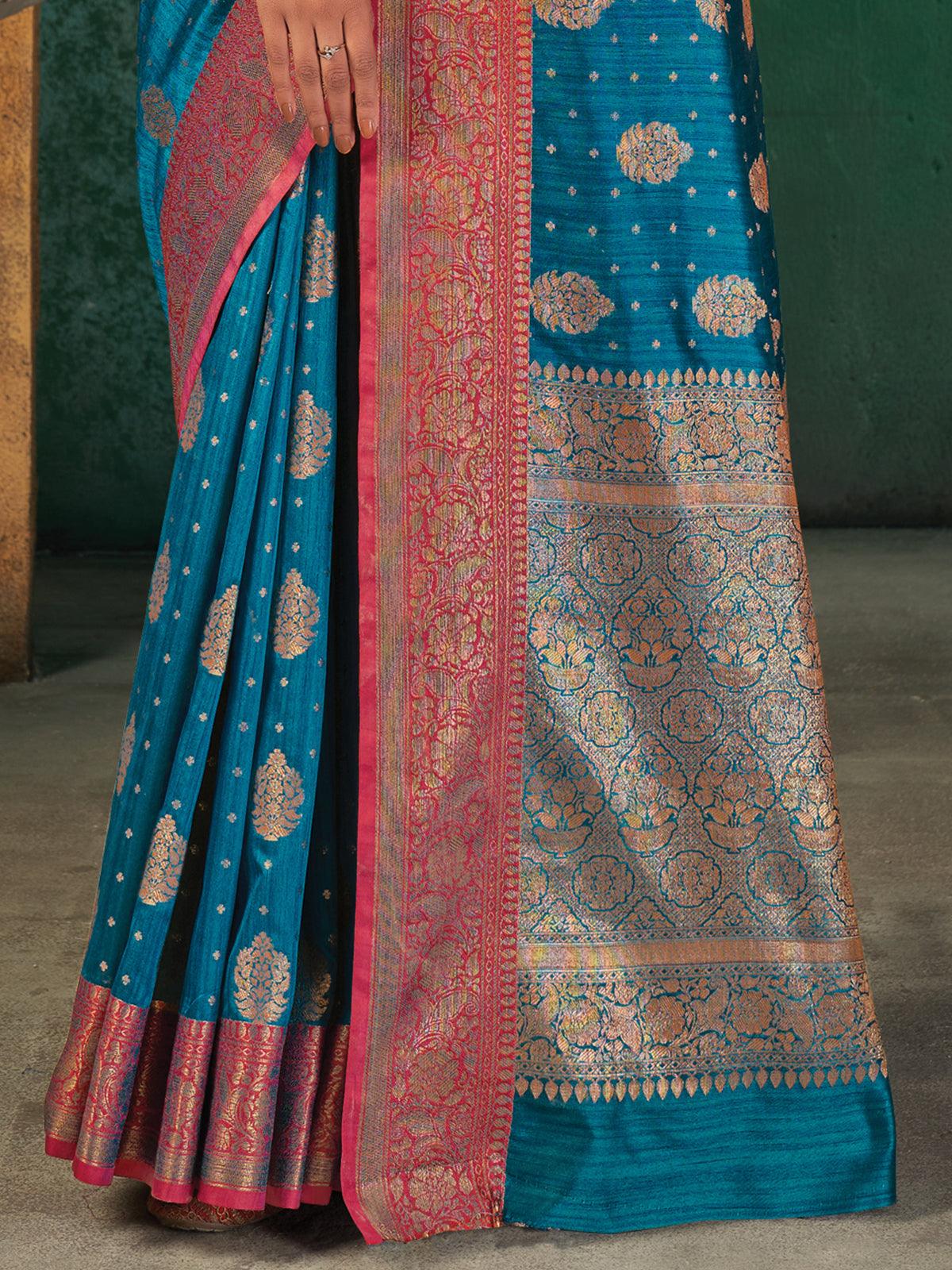 Women's Teal Silk Blend Woven Design Saree With Blouse Piece - Odette