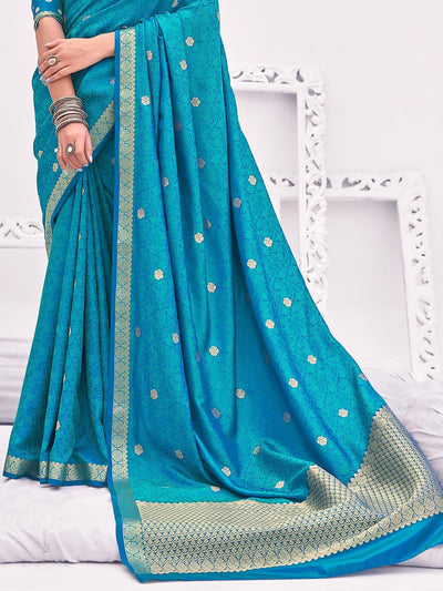 Women's Turquoise Blue Banarasi Silk Woven Design Saree With Blouse Piece - Odette