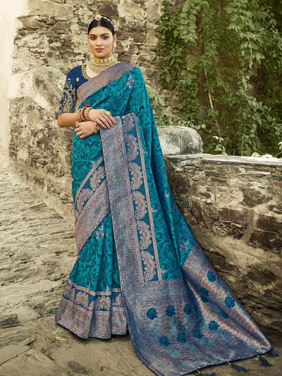 Women's Turquoise Blue Jacquard Woven Design Saree With Blouse Piece - Odette