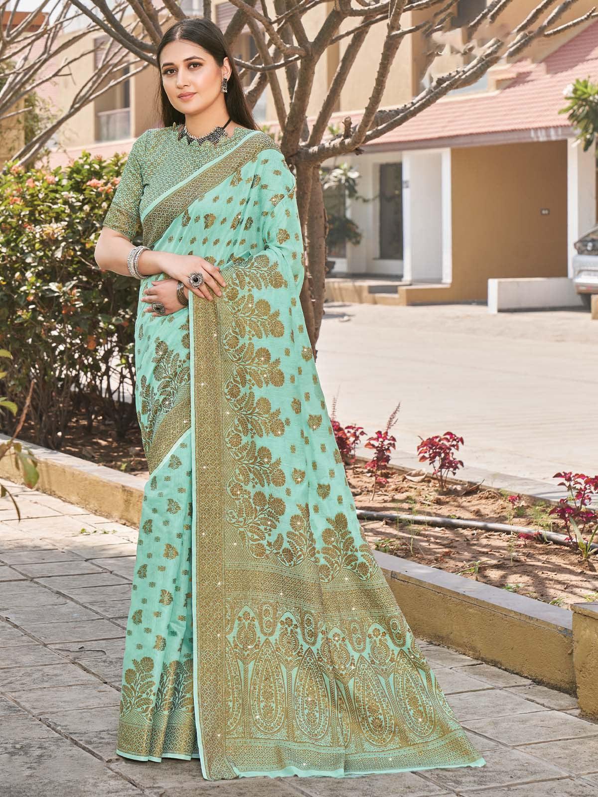 Women's Turquoise Cotton Woven Design Saree With Blouse Piece - Odette