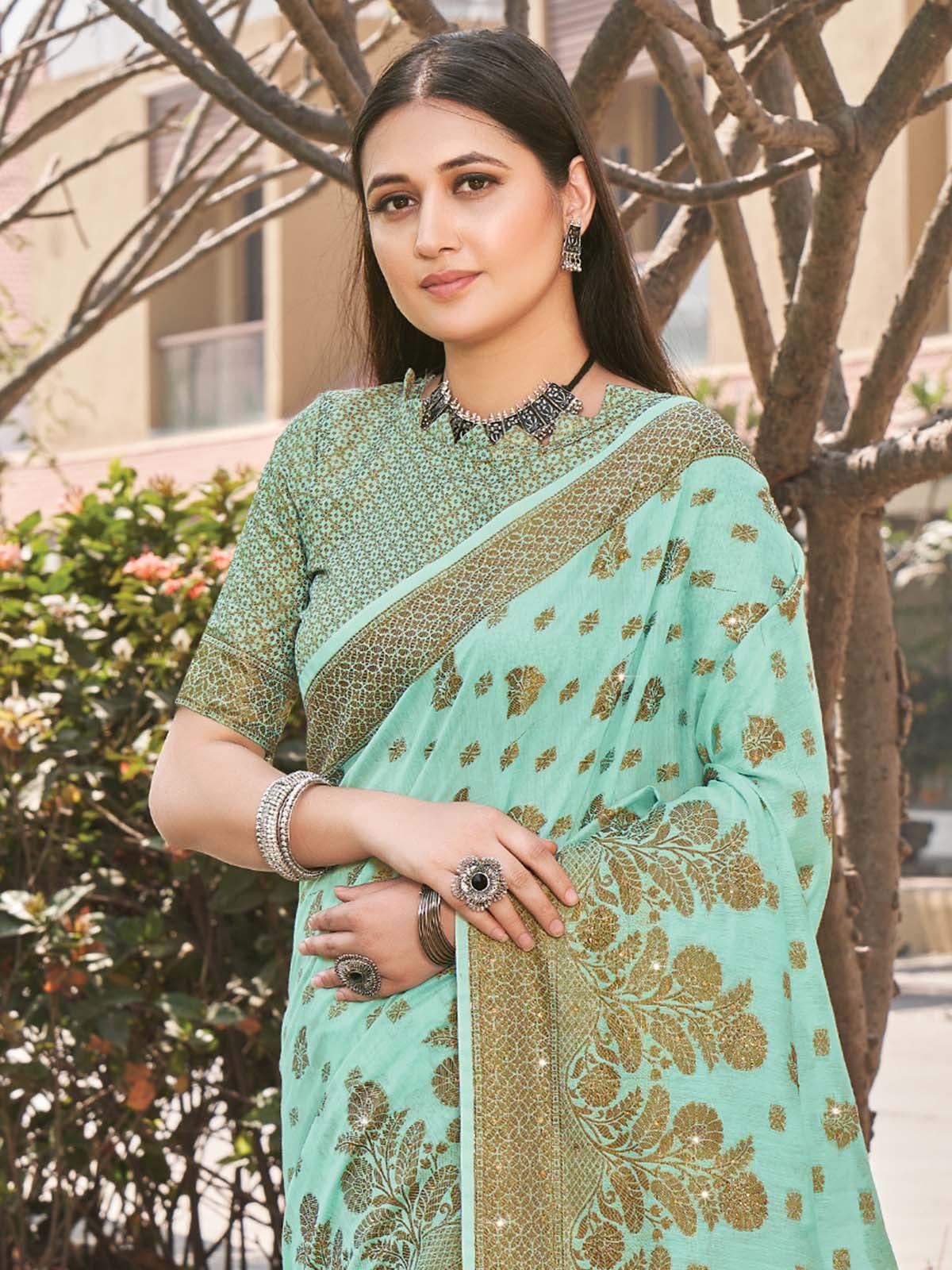 Women's Turquoise Cotton Woven Design Saree With Blouse Piece - Odette