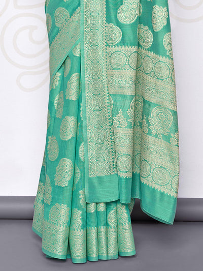 Women's Turquoise Green Lucknowi Cotton Hand Weaving Work Saree With Blouse Piece - Odette