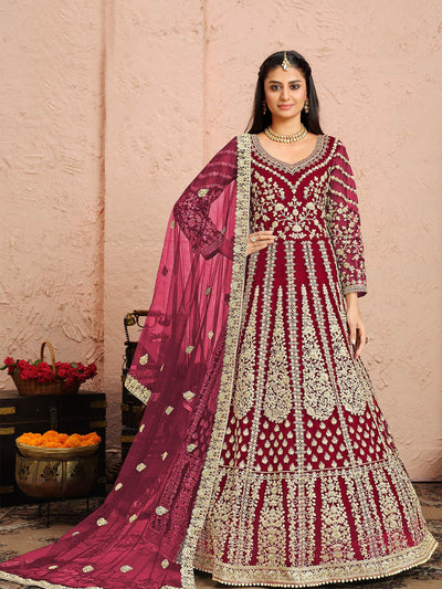 Women's Wine Net Semi Stitched Salwar Suit - Odette