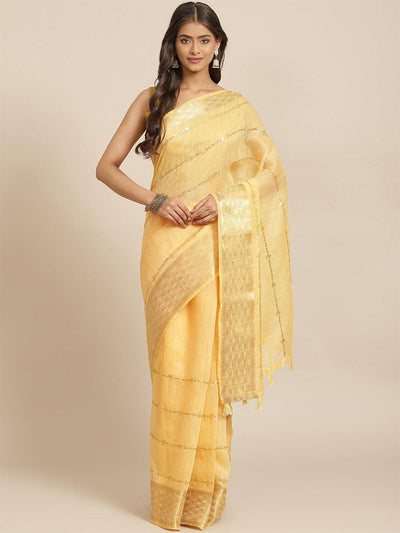 Women's Yellow Cotton Blend Embroidered Saree With Blouse Piece - Odette