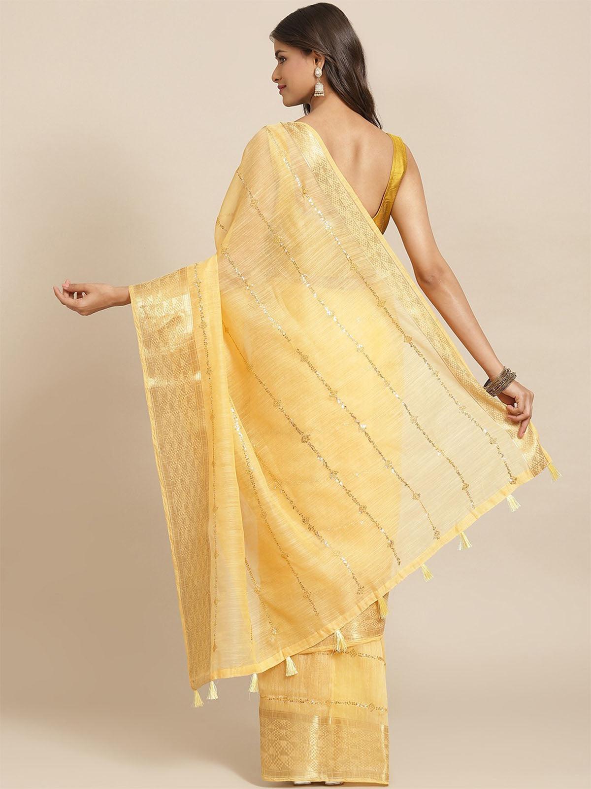 Women's Yellow Cotton Blend Embroidered Saree With Blouse Piece - Odette