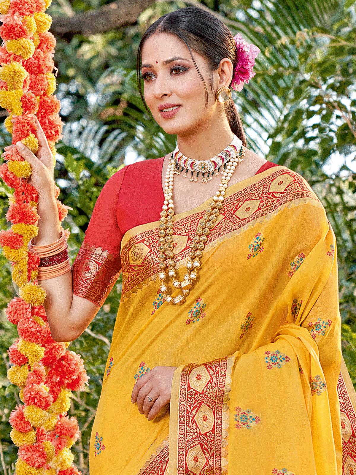 Women's yellow Cotton Woven Design Saree With Blouse Piece - Odette