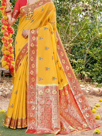 Women's yellow Cotton Woven Design Saree With Blouse Piece - Odette