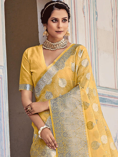 Women's Yellow Linen Woven Design Saree With Blouse Piece - Odette