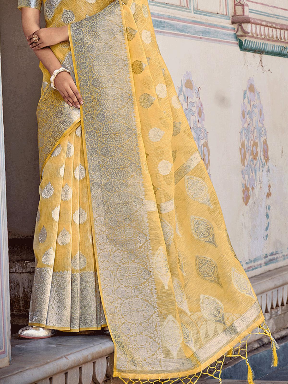 Women's Yellow Linen Woven Design Saree With Blouse Piece - Odette