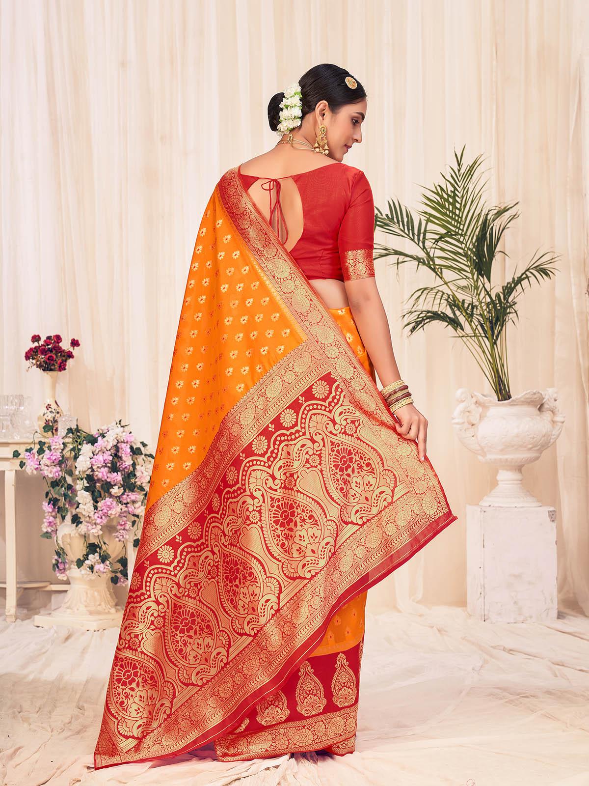 Woven Orange Colored Banarasi Silk Saree - Odette