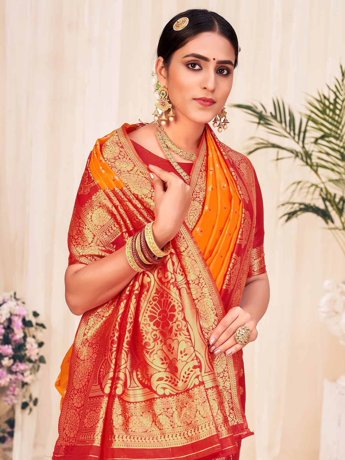 Woven Orange Colored Banarasi Silk Saree - Odette