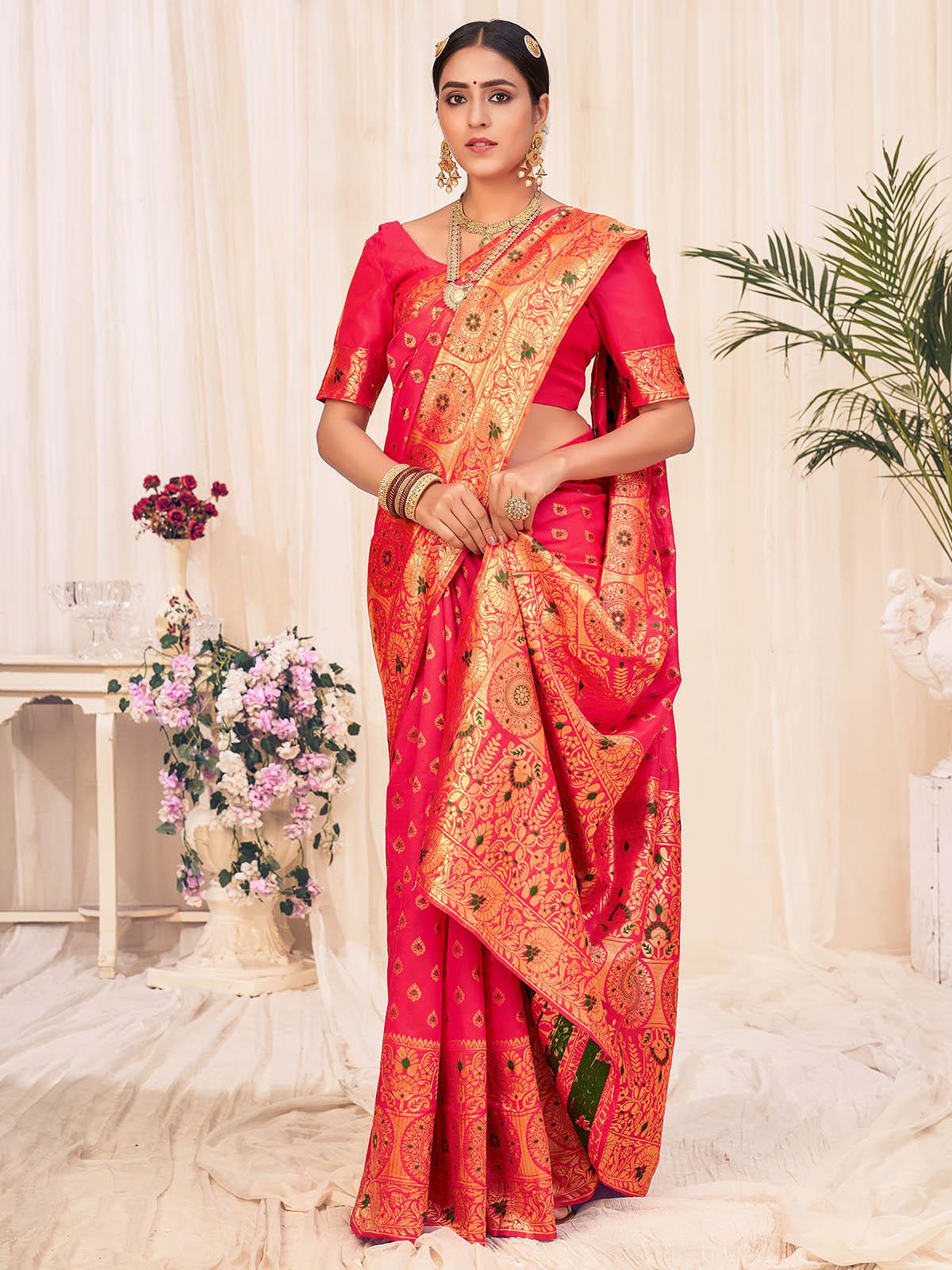 Woven Pink Banarasi Silk Saree - Odette