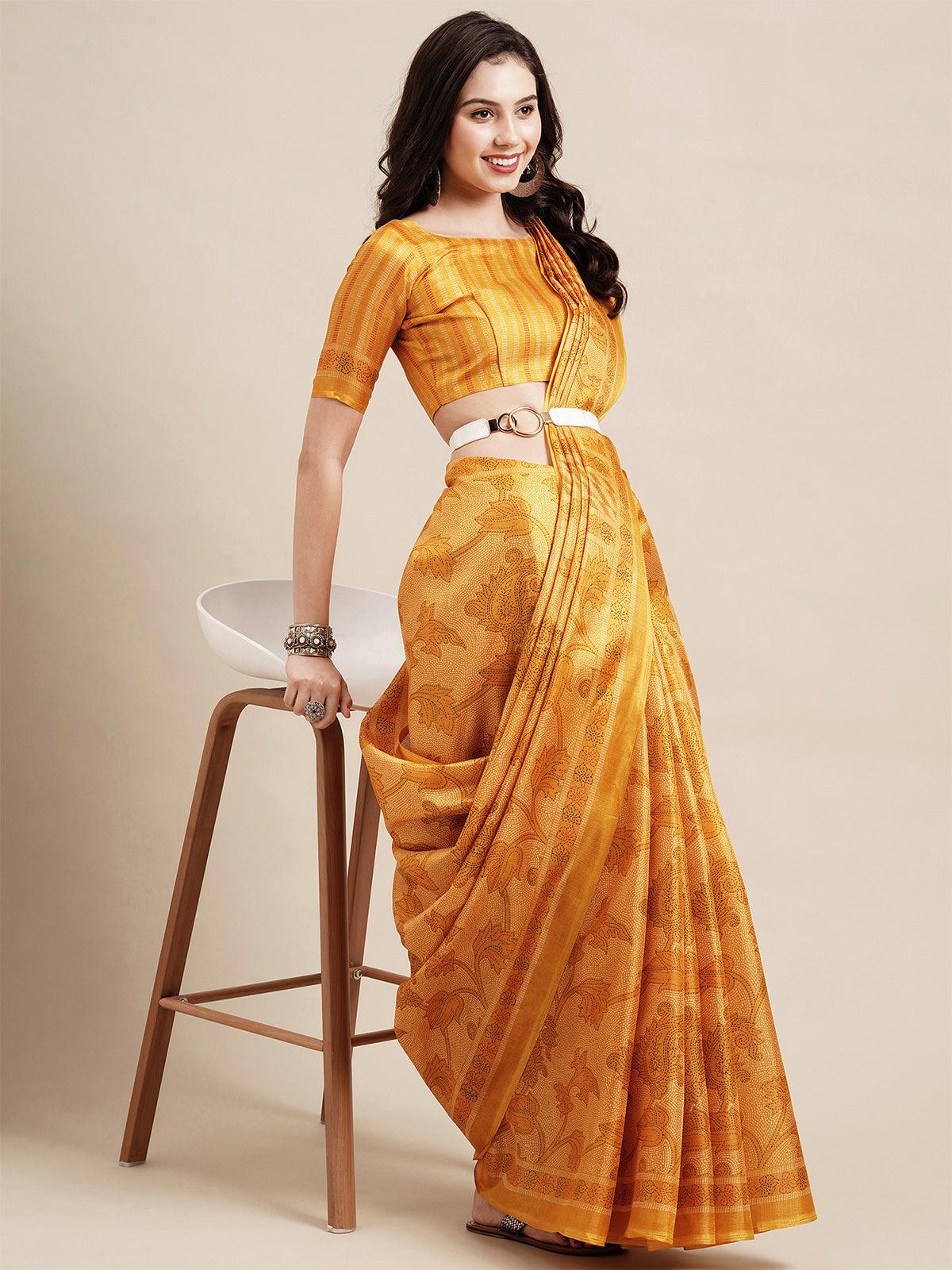 Yellow Casual Bhagalpuri Silk Printed Saree With Unstitched Blouse - Odette