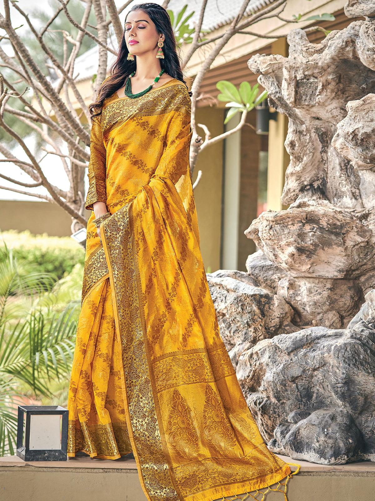 Yellow Color Organza Saree With Blouse - Odette